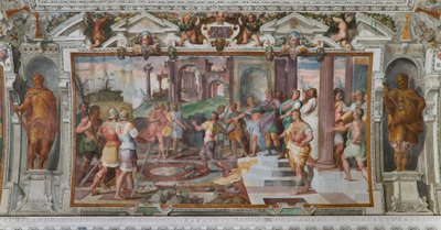 Las historias de Ulises: detalle del juego de lanzamiento de piedras en la corte de los Feacios, c.1560 (fresco) (detalle de 3606285) de Giovanni Battista Castello