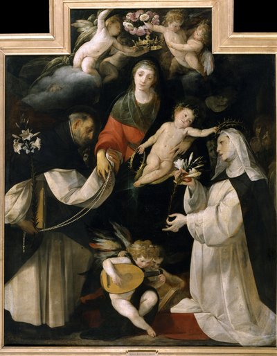 Virgen del Rosario. Sobre la cabeza de la Virgen se coloca una corona de rosas, mientras dos santos le entregan lirios blancos, rosarios y corazones que simbolizan la fe. Pintura de Giovan (Giovanni) Battista Crespi conocida como Il Cerano (hacia 15 de Giovanni Battista (1567 1633) Crespi
