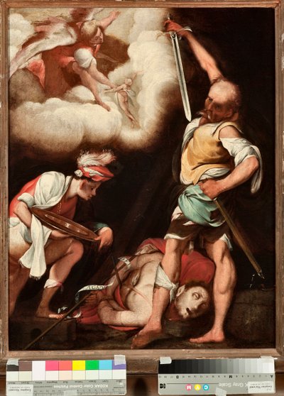 La decapitación de San Juan Bautista. Un hombre se prepara para recoger la cabeza del santo y ponerla en un plato. Pintura de Il Cerano de Giovanni Battista  Crespi