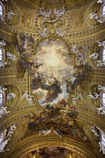 El Triunfo del nombre de Jesús (Il Trionfo del nome di Gesu), un fresco en trampantojo de la bóveda central de la iglesia del Gesu en Roma, la iglesia principal de la compañía de Jesús, pintura realizada en el siglo XVII por Giovanni Battista Gaulli dit Il de Giovanni Battista Gaulli