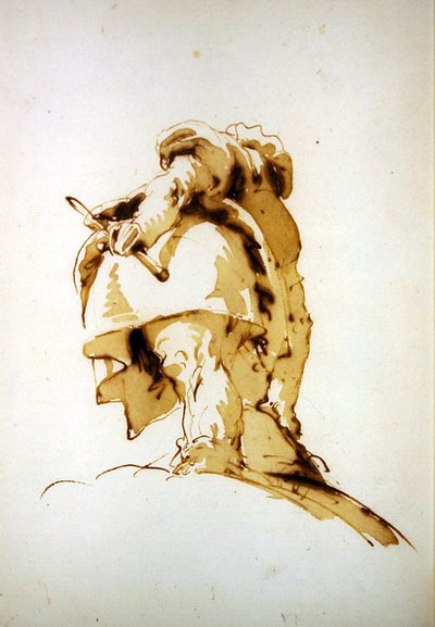 Un hombre de pie visto desde atrás, sosteniendo un bastón y alcanzando un saco de Giovanni Battista Tiepolo