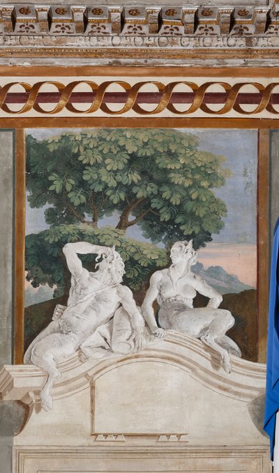 Alojamientos para huéspedes, sala de las escenas rurales: fresco monocromo que representa un sátiro y una ménade de Giovanni Battista Tiepolo