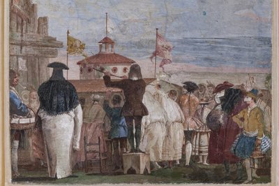 Alojamientos para invitados, la Sala de las Escenas de Carnaval: "Nuevo Mundo", una escena con máscaras que imitan un paiting al óleo de Giovanni Battista Tiepolo