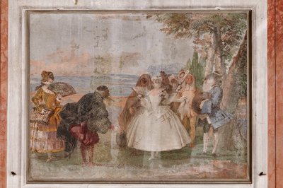 Alojamiento de los invitados, la Sala de las Escenas de Carnaval: "Pantalone y Columbina", una escena con máscaras de Giovanni Battista Tiepolo