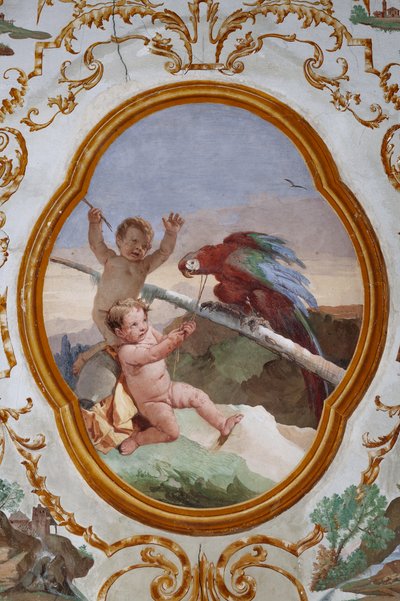 Alojamiento de invitados, la habitación de los putti, medallón con putti: "Dos putti y un loro" de Giovanni Battista Tiepolo