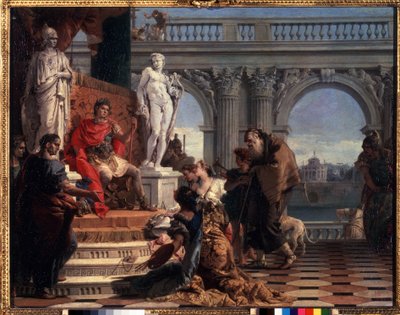 Mecenas presentando las artes a Augusto. Caius Cilnius Mecenas (o Mecene) (circa 70 BC-8 BC) político romano que dedicó su fortuna e influencia a la promoción de las artes y las letras entre de Giovanni Battista Tiepolo