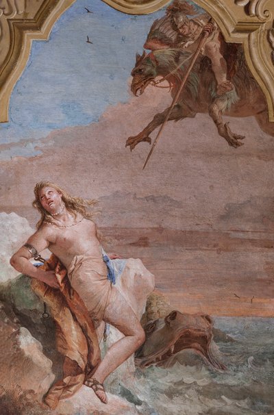 Palazzina (Edificio pequeño): segunda sala o habitación de Ariosto con frescos que representan episodios de "Orlando Furioso": "Ruggiero rescatando a Angélica del monstruo marino" de Giovanni Battista Tiepolo