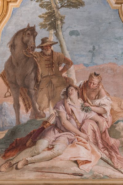 Palazzina (Edificio pequeño): segunda sala o habitación de Ariosto con frescos que representan episodios de "Orlando Furioso": "Angélica cuida de las heridas de Medoro" de Giovanni Battista Tiepolo