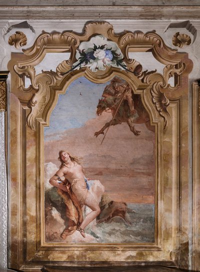 Palazzina (Edificio pequeño): segunda sala o habitación de Ariosto con frescos que representan episodios de "Orlando Furioso": "Ruggiero rescatando a Angélica del monstruo marino" de Giovanni Battista Tiepolo
