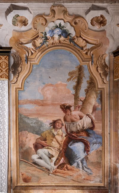 Palazzina (Edificio pequeño): segunda sala o habitación de Ariosto con frescos que representan episodios de "Orlando Furioso": "Angélica y Medoro graban sus nombres en la corteza de las plantas" de Giovanni Battista Tiepolo