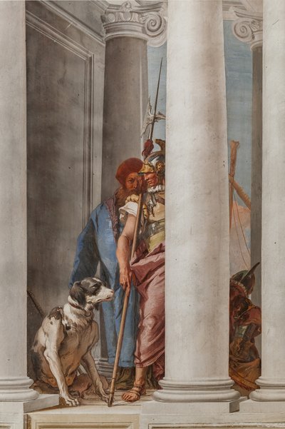 Palazzina (edificio pequeño), el vestíbulo de entrada: "La flota griega en Aulide", detalle que representa un perro y un soldado de Giovanni Battista Tiepolo