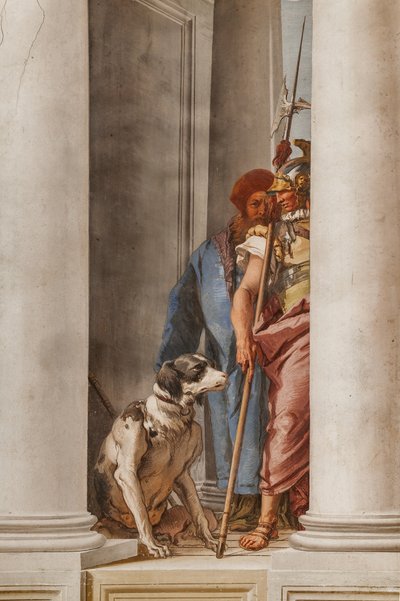 Palazzina (edificio pequeño), el vestíbulo de entrada: "La flota griega en Aulide", detalle que representa un perro y un soldado de Giovanni Battista Tiepolo