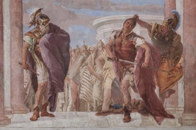 Palazzina (edificio pequeño): vista de la primera sala y de sus frescos que representan episodios de la Ilíada: "Atenea impide que Aquiles saque su espada contra Agamenón", detalle de Giovanni Battista Tiepolo