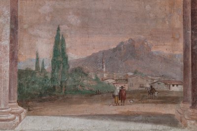 Palazzina (edificio pequeño): vista de la primera sala y de sus frescos que representan episodios de la Ilíada: "Cupido con flechas volando sobre un paisaje veneciano", detalle relativo al paisaje de Giovanni Battista Tiepolo