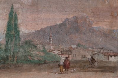 Palazzina (edificio pequeño): vista de la primera sala y de sus frescos que representan episodios de la Ilíada: "Cupido con flechas volando sobre un paisaje veneciano", detalle relativo al paisaje de Giovanni Battista Tiepolo