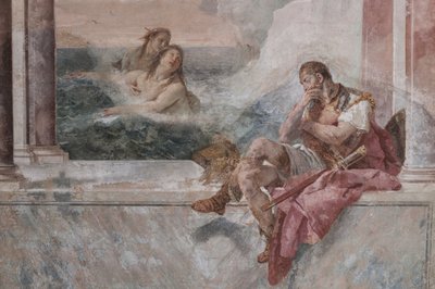Palazzina (edificio pequeño): vista de la primera sala y de sus frescos que representan episodios de la Ilíada: "Aquiles llorando mientras su madre Tetis emerge del mar para consolarlo", detalle de Giovanni Battista Tiepolo