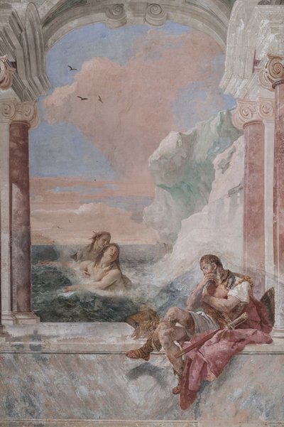 Palazzina (edificio pequeño): vista de la primera sala y de sus frescos que representan episodios de la Ilíada: "Aquiles llorando mientras su madre Tetis emerge del mar para consolarlo" de Giovanni Battista Tiepolo