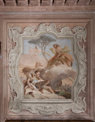 Palazzina (Pequeño Edificio): vista de la cuarta sala o de Torquato Tasso, con freescoes que representan episodios de "Jerusalén Liberada": "La bruja Armida ve a Rinaldo, que está dormido, y se enamora de él" de Giovanni Battista Tiepolo