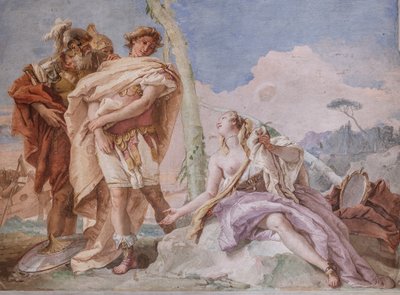Palazzina (Pequeño Edificio): vista de la cuarta sala o de Torquato Tasso, con freescoes que representan episodios de "Jerusalén entregada": "Rinaldo, escoltado por Ubaldo y Carlo, abandona a Armida" de Giovanni Battista Tiepolo