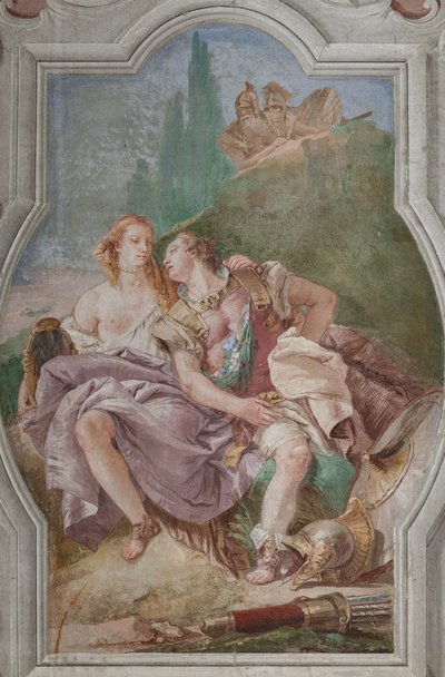 Palazzina (Pequeño Edificio): vista de la cuarta sala o de Torquato Tasso, con freescoes que representan episodios de "Jerusalén Entregada": "Rinaldo y Armida en el jardín encantado, observados secretamente por Ubaldo y Carlo" de Giovanni Battista Tiepolo