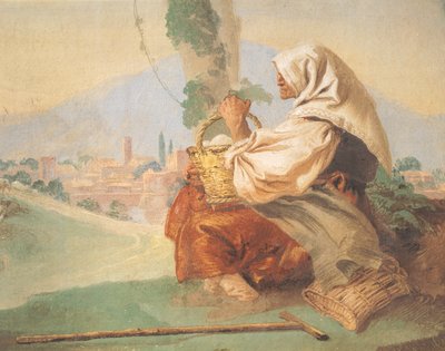 Paisaje con campesino y un anciano sentado, su cabeza cubierta por un hombre ensangrentado que oculta su rostro de Giovanni Battista Tiepolo