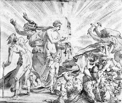 El mito de la caja de Pandora, dibujo de Rosso de Giovanni Battista (after) Rosso