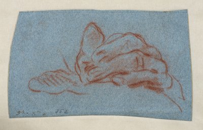 Estudio de una mano izquierda, c.1750-1754 (tiza roja con calco sobre papel verjurado azul) de Giovanni Battista (attr. to) Tiepolo