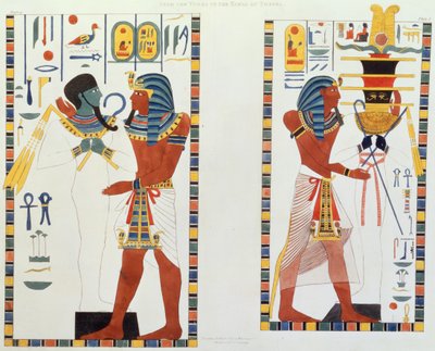 Dos murales de las Tumbas de los Reyes de Tebas, descubiertos por G. Belzoni, placa 5 de `Placas Ilustrativas de las Investigaciones en Egipto y Nubia`, grabado por Charles Hullmandel 1820-22 de Giovanni Battista Belzoni