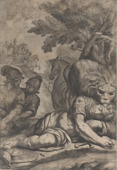 Un león sobre un jinete caído a la derecha, con dos soldados a la izquierda de Giovanni Battista Bonacina