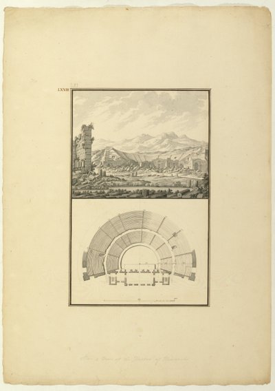 Vista y plano del teatro de Hierápolis (ahora Pamukkale), c.1750 de Giovanni Battista Borra
