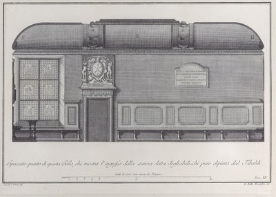 Placa 4: sección transversal del Salón del Instituto de Bolonia, con la entrada a la r..., 1756 de Giovanni Battista Brostoloni