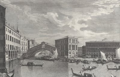 El Puente de Rialto, Venecia, con barcos y góndolas en el agua, 1763 de Giovanni Battista Brostoloni
