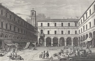 Vista de la plaza del mercado cerca de la iglesia de San Giacomo, 1763 de Giovanni Battista Brostoloni