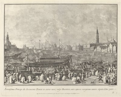 El Dogo en el Bucintoro partiendo hacia el Puerto de Lido en el Día de la Ascensión de Giovanni Battista Brustolon after Canaletto