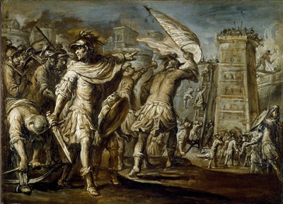 Primera cruzada: "El condottiero genovés Guglielmo Embriaco durante la captura de Jerusalén" Es el origen de una torre de asalto hecha con maderas de barcos genoveses. Pintura monocromática de Giovanni Battista Carlone de Giovanni Battista Carlone