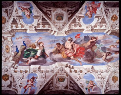 Juno pide a Eolo que impida el viaje de Eneas (fresco) de Giovanni Battista Carlone