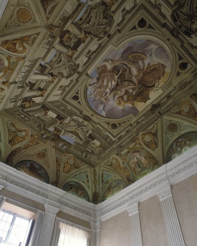 La caída de Faetón (1625) - Fresco en trampantojo por Carlone - Techo del salón del antiguo castillo medieval (1320) - Cagnes-sur-Mer, Alpes Marítimos (06) de Giovanni Battista Carlone