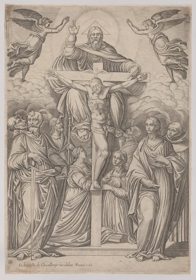 La Trinidad, con la crucifixión en el centro y santos a ambos lados, 1586 de Giovanni Battista Cavalieri