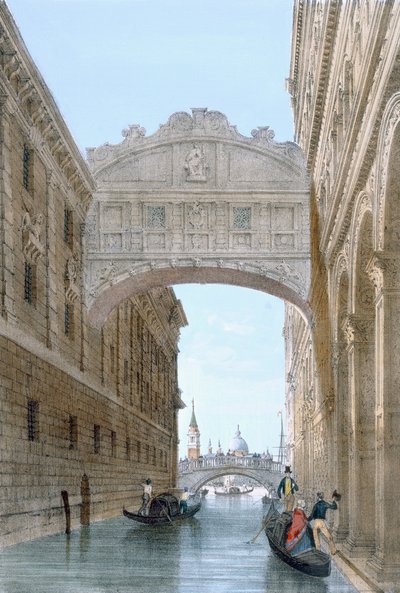 Góndolas pasando bajo el Puente de los Suspiros de Giovanni Battista Cecchini