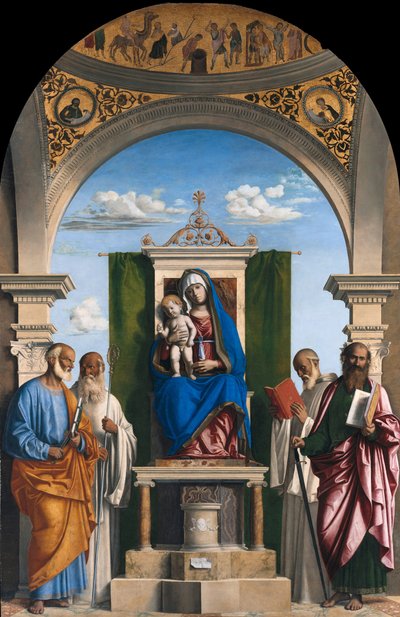 Madonna entronizada con el Niño y los santos Pedro, Romualdo, Benito y Pablo, ca 1595 de Giovanni Battista Cima da Conegliano