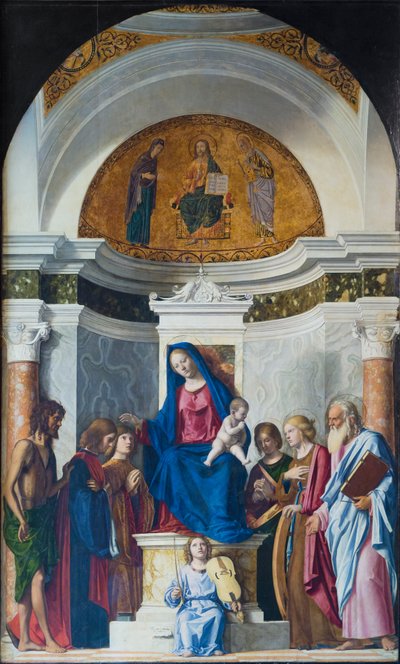 Virgen Entronizada con el Niño y San Juan Bautista, San Cosme, San Damián, c.1507 (óleo sobre madera) de Giovanni Battista Cima da Conegliano