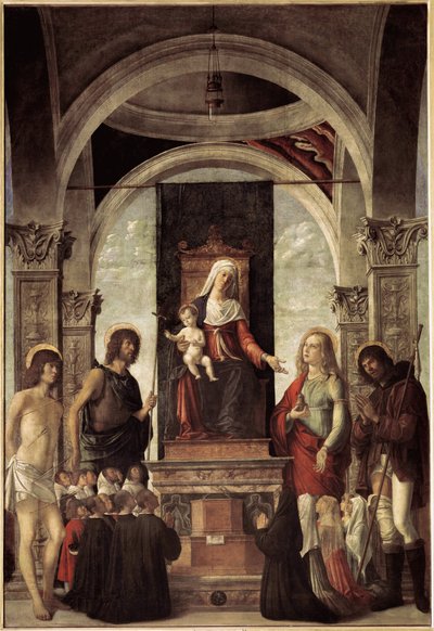 Santa conversación, virgen con niño rodeada de San Juan Bautista, San Sebastián, San Roque, Santa María Magdalena de Giovanni Battista Cima da Conegliano
