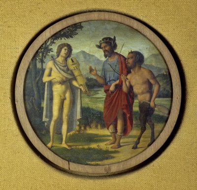 Cubierta de instrumento de teclado con ilustración que representa a Apolo (con lira) y Marsias de Giovanni Battista Cima da Conegliano