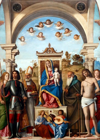 Madonna y Niño entronizados con los santos Catalina, Jorge, Nicolás, Antonio Abad, Sebastián y Lucía de Giovanni Battista Cima da Conegliano