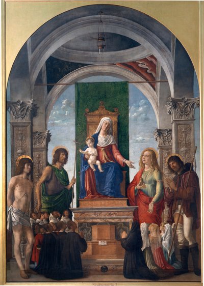 Madonna y Niño en el trono con San Sebastián, San Juan Bautista, Santa María Magdalena, San Roque y Miembros de la Cofradía de San Juan Evangelista de Giovanni Battista Cima da Conegliano