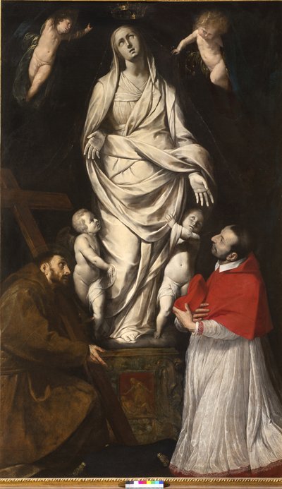 San Francisco y el Beato Carlos Borromeo en oración frente a la estatua de Nuestra Señora en San Celso en Milán de Giovanni Battista Crespi