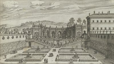 Otra vista en perspectiva del teatro y jardín contiguo de Mondragone en Frascati, 1691 o después de Giovanni Battista Falda
