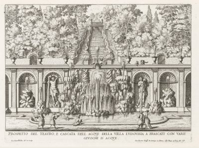 Cascade en Teatro delle Acque in de tuinen van de Villa Torlonia te Frascati Perspectiva del teatro y cascada de la Villa Ludovisia (...) (título sobre objeto) Fuentes de las villas de Frascati (título de la serie) Fonteinen van Frascati (título de la seri de Giovanni Battista Falda