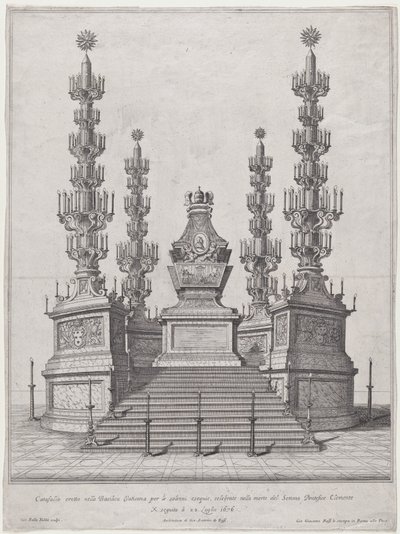 Catafalco para el Papa Clemente X, estructura central en la parte superior de una plataforma de quince escalones de Giovanni Battista Falda