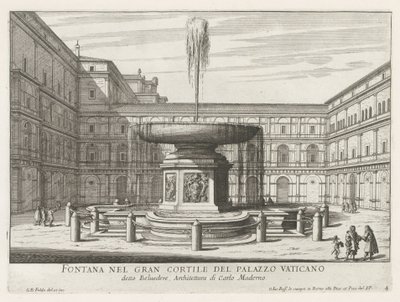 Fontein in de Cortile del Belvedere en het Vaticaan Fuente en el gran patio del Palacio Vaticano (título sobre objeto) Fuentes de Roma (título de la serie) Fonteinen van Rome (título de la serie) de Giovanni Battista Falda